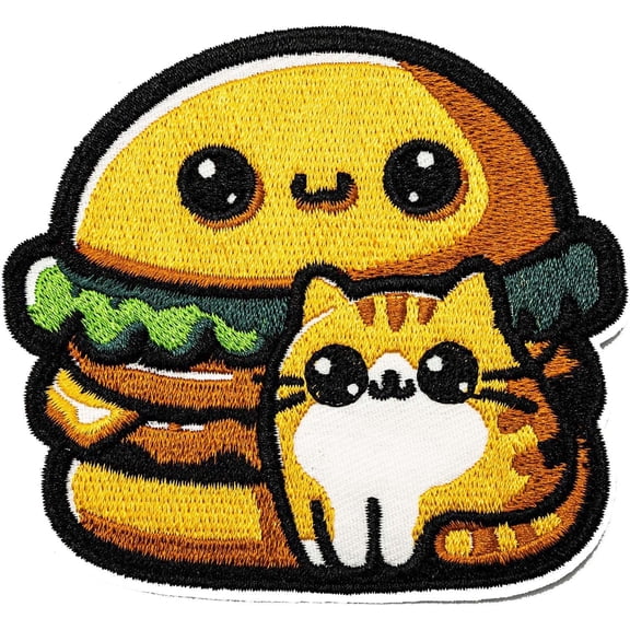 Embroidered Iron On Patches, Burgers and Cats Applique Patch, Sew On Patch for Vest Jackets, Clothing, Hats, Backbags & Jeans.