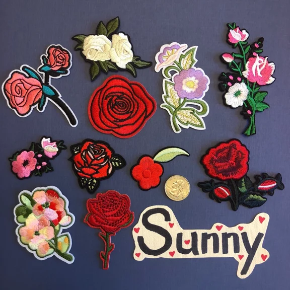 Embroidered Iron On Sew On Cloth Patch Craft Diy Badge Fabric Rose Flower Red