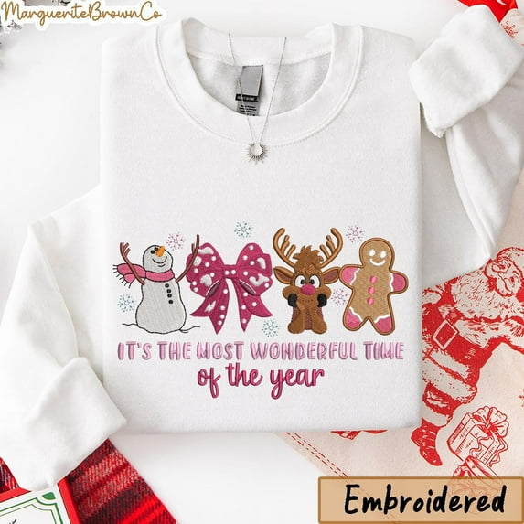 Embroidered It's the most wonderful time of the year Sweatshirt, Coquette Bow candy cane Reindeer Gingerbread, Retro kids Girly Christmas