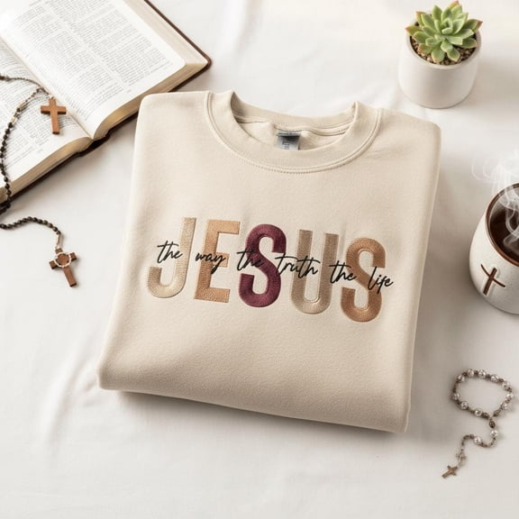 Embroidered Jesus Sweatshirt with The Way The Truth The Life Christian Design