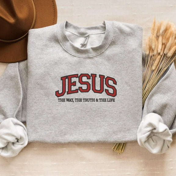 Embroidered Jesus Varsity Crewneck: Christian Faith Sweatshirt