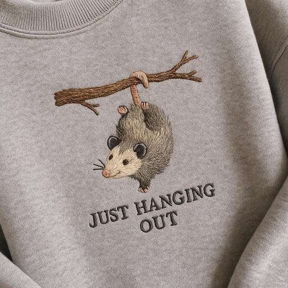 Embroidered Just Hanging Out Sweatshirt, Funny Opossum Hanging Tee, Cute Possum Animal Lover Shirt, Wildlife Gift Idea