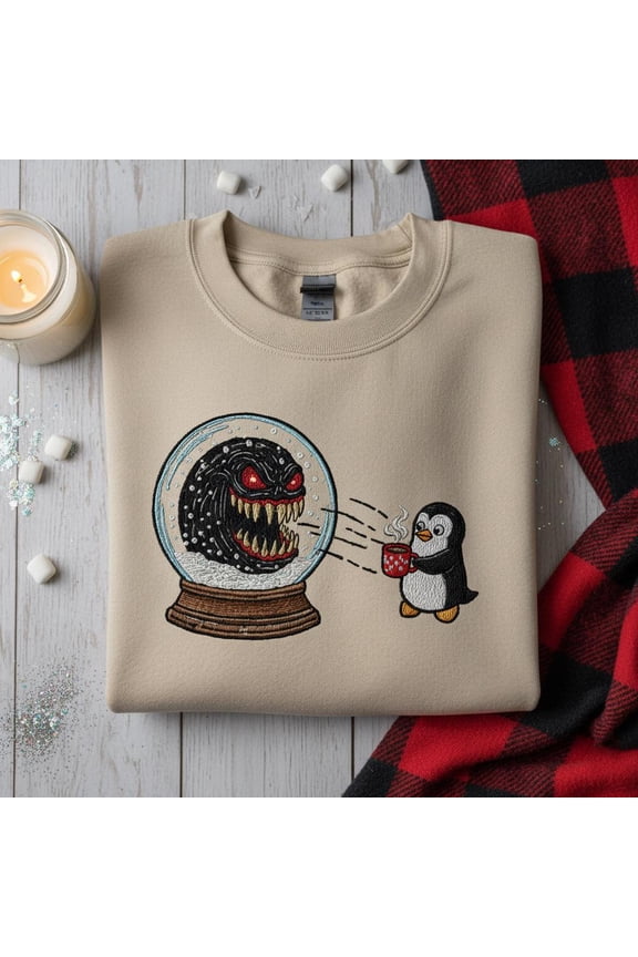 Embroidered Kaiju Snow Globe Sweatshirt, Funny Christmas Monster Penguin Sweater, Horror Holiday Crewneck, Ugly Xmas Gift