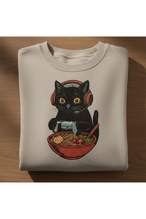 Embroidered Kawaii Gamer Cat Meme Sweatshirt, Cute Ramen Japanese Retro Cat Gaming Shirt, Funny Anime Gamer Pullover Gift