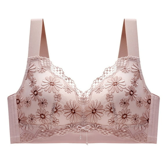 Embroidered Lace Bra No Steel Ring Push-Up Women's Supportive Comfortable Everyday Casual Underwear #Pink,L