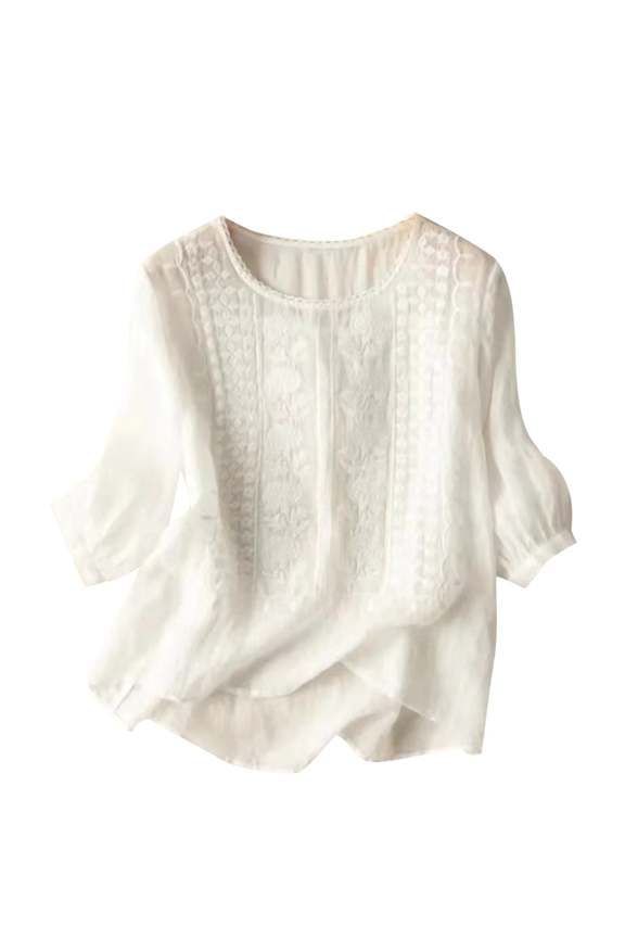 Embroidered Lace Cotton Linen Tops for Women Crewneck 3/4 Sleeve Summer Fashion Boho Peasant Gauze Blouses Dressy Casual Bohemian Shirts