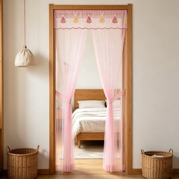 Embroidered Lace Door Curtain for Bedroom Bathroom Kitchen, No Drill Insect Resistant Light Filtering Mesh Door Cover for Entryway Laundry Room, Decorative Bug Blocking Window Treatment, Pink