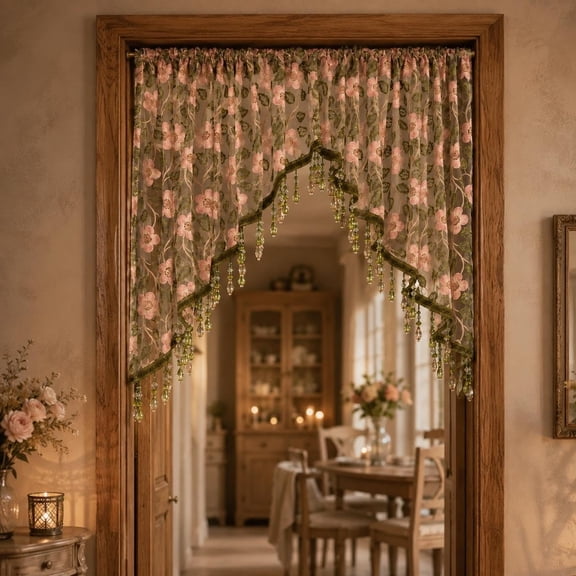 Embroidered Lace Doorway Curtain, Romantic Floral Beaded Sheer Panels,2 panels, floral lace, crystal-style fringe, light-filtering sheer, rod pocket, rod not included, doorway closet window decor