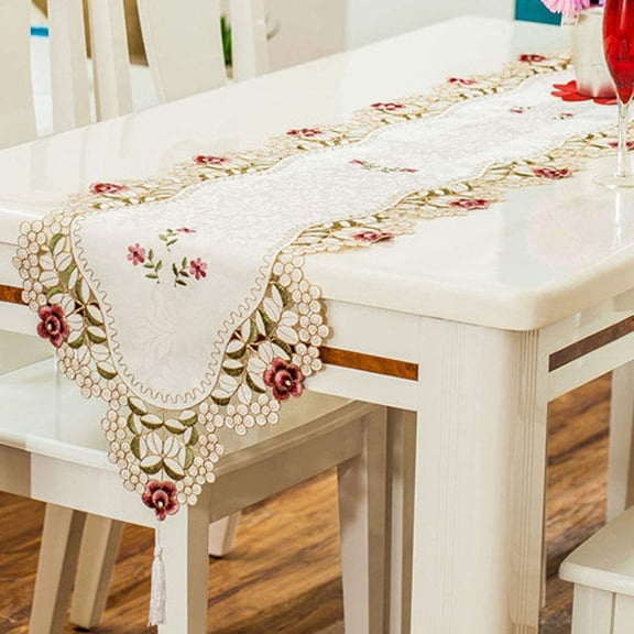 Embroidered Lace Long Table Runner, Floral Cabinet Dresser Scarf Home Party Kitchen Restaurant Decoration