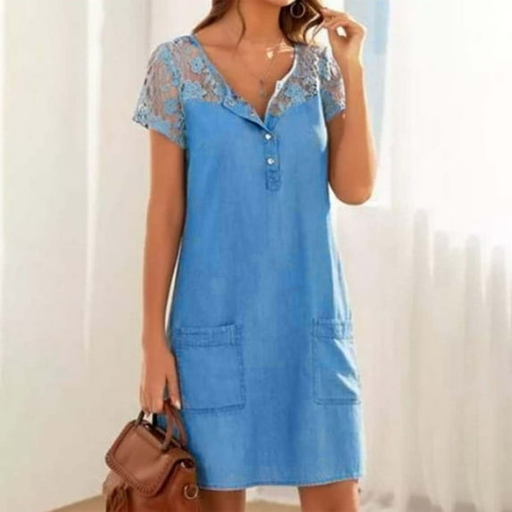 Embroidered Lace Panelled Denim Short Sleeve Dress For Women | Casual & Summer Fashion plus Party Dress And Dress plus Flapper Dress Lace A Line Dress plus Size Dresses Formal Dress plus Size Midi