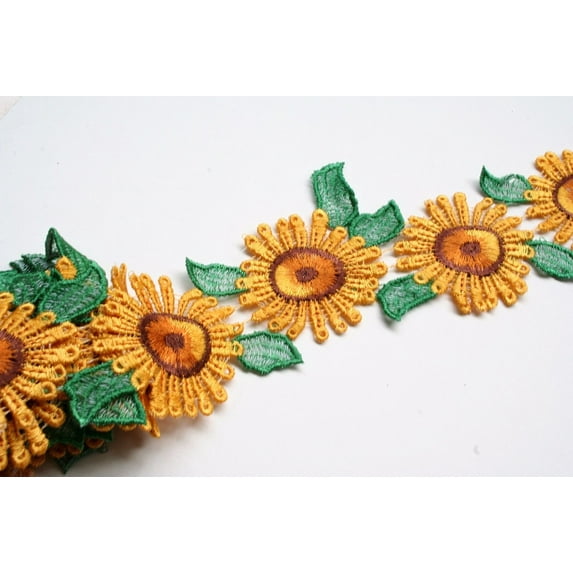Embroidered Lace Sunflower 1",2",3" Brown Yellow Black Green sold by 12"(30 cm)