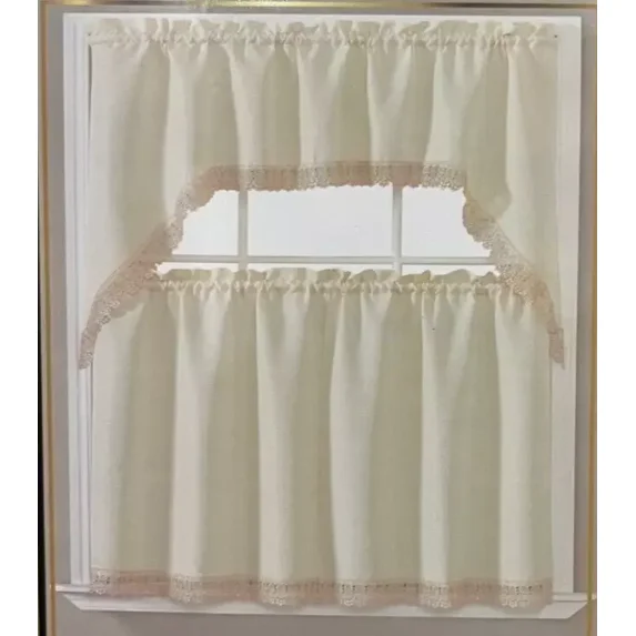 Embroidered Lace Trim 36" Long Kitchen Curtain Tiers and Swag Set