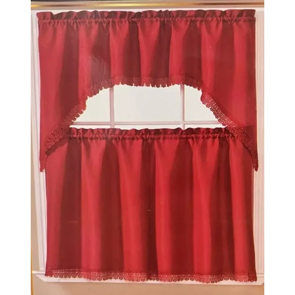 Embroidered Lace Trim 36" Long Kitchen Curtain Tiers and Swag Set