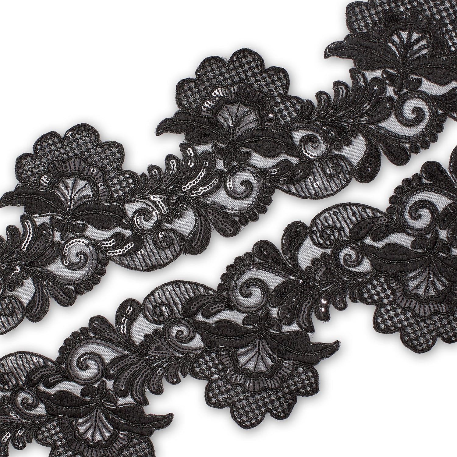 Embroidered Lace Trim 4" Leaf Floral Corded Sequin Embroidery On Sheer Polyester Scalloped Mesh - Black (9 Meters, 1 Pack)
