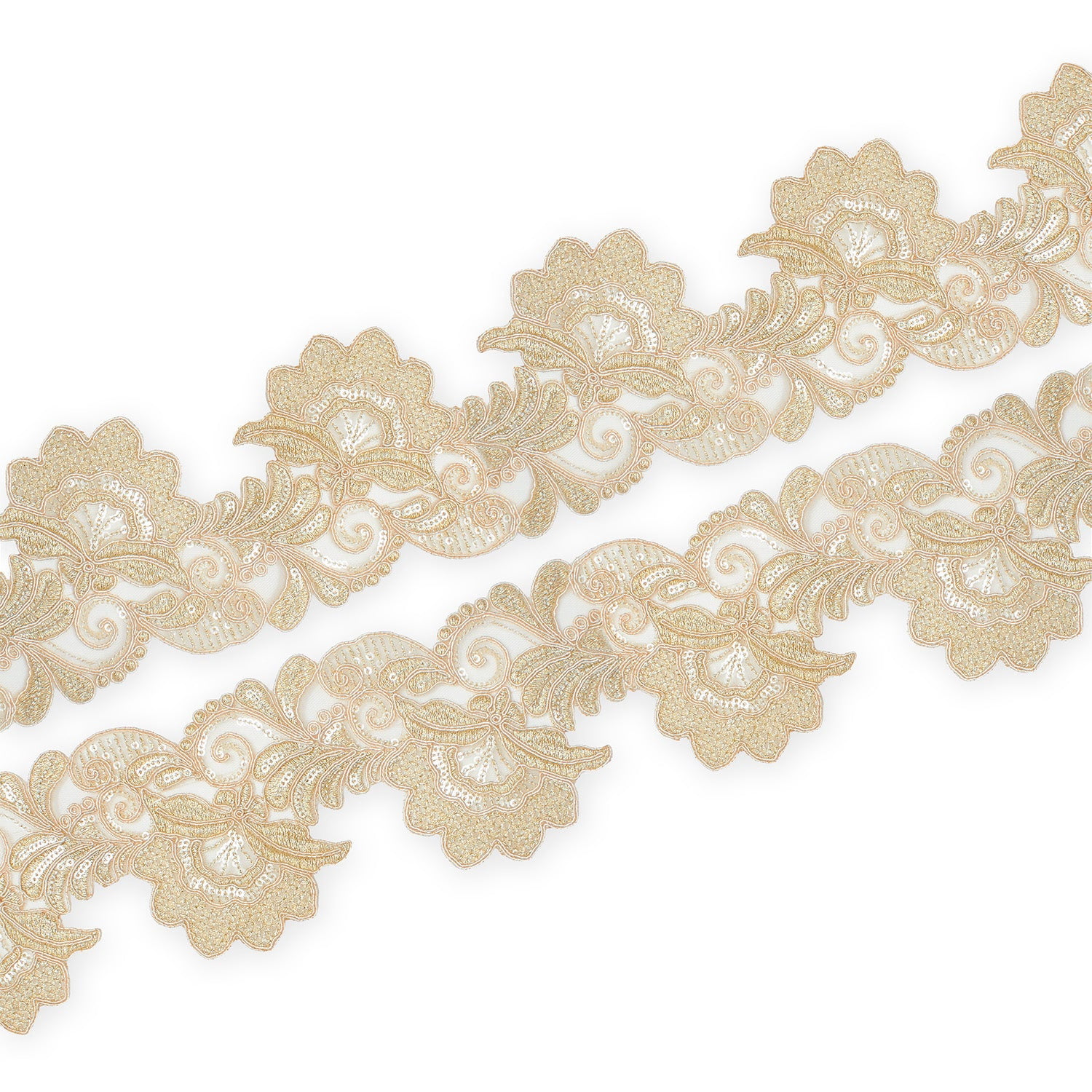 Embroidered Lace Trim 4" Leaf Floral Corded Sequin Embroidery On Sheer Polyester Scalloped Mesh - Champagne (4.5 Meters, 1 Pack)