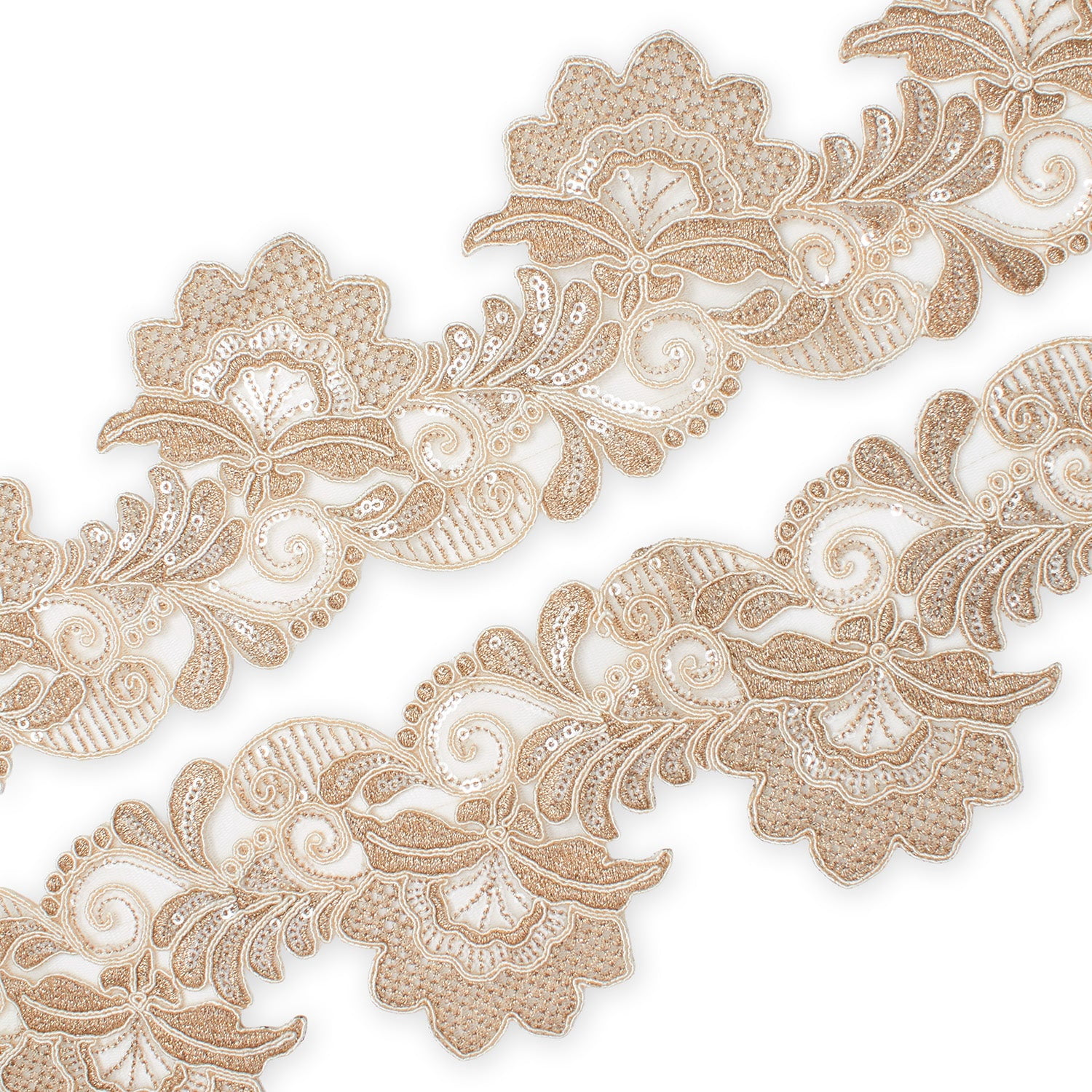 Embroidered Lace Trim 4" Leaf Floral Corded Sequin Embroidery On Sheer Polyester Scalloped Mesh - Fone (9 Meters, 1 Pack)