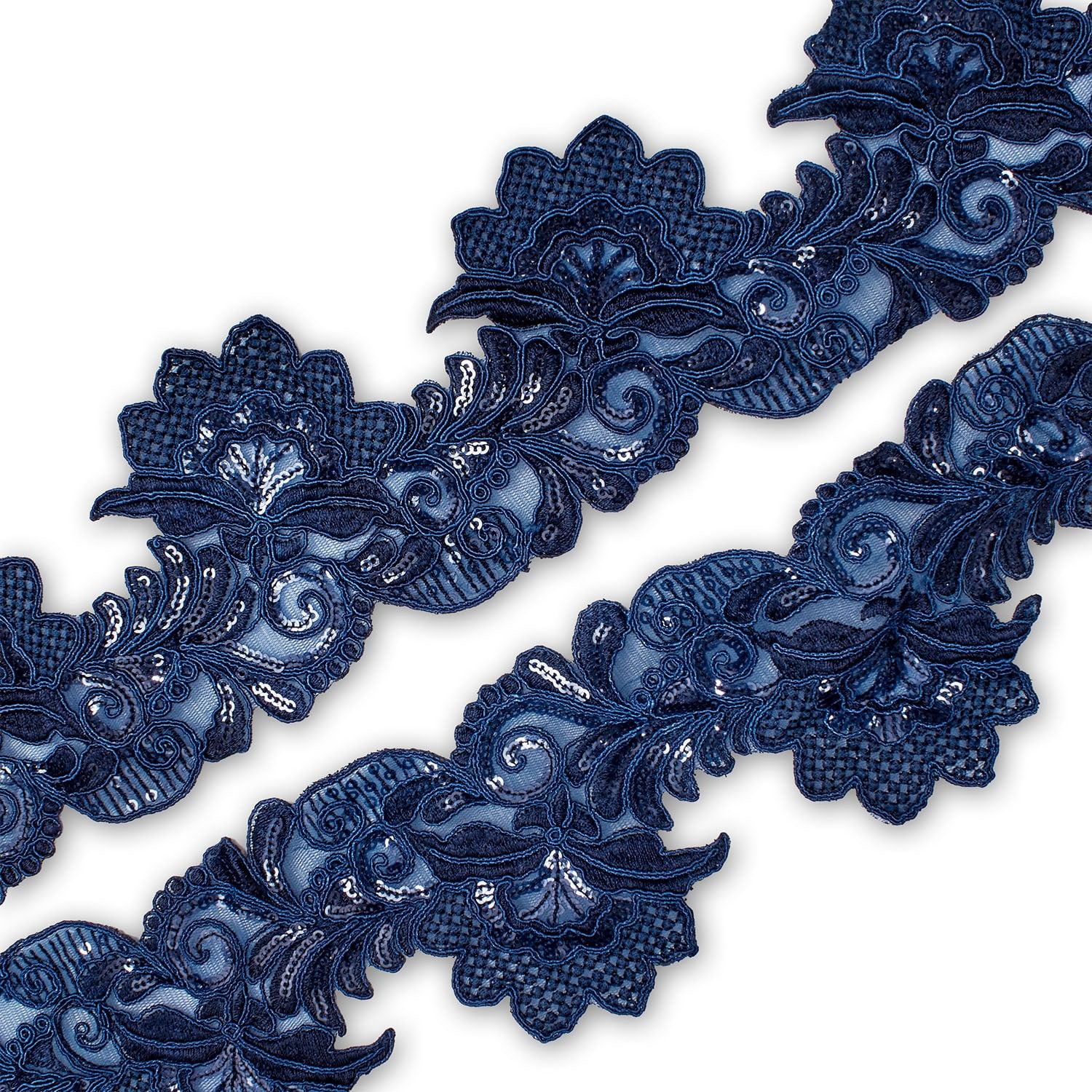 Embroidered Lace Trim 4" Leaf Floral Corded Sequin Embroidery On Sheer Polyester Scalloped Mesh - Navy Blue (4.5 Meters, 1 Pack)