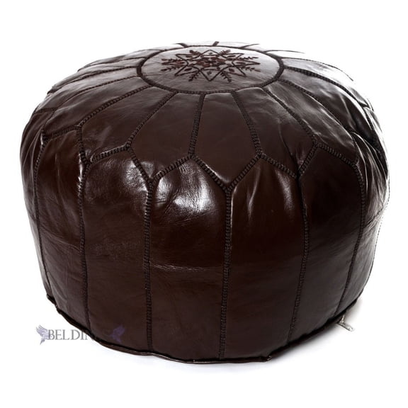 Embroidered Leather Pouf- Brown