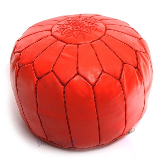 Embroidered Leather Pouf- Red