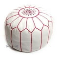thumbnail image 1 of Embroidered Leather Pouf- White with Fuchsia Stitching, 1 of 6