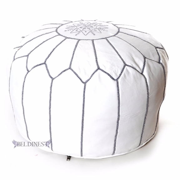 Embroidered Leather Pouf- White with Grey Stitching