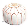 thumbnail image 1 of Embroidered Leather Pouf- White with Orange Stitching, 1 of 6