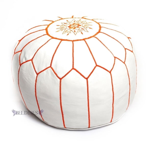 Embroidered Leather Pouf- White with Orange Stitching