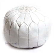 Embroidered Leather Pouf- White