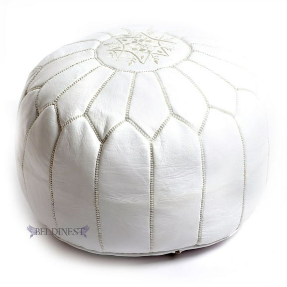 Embroidered Leather Pouf- White