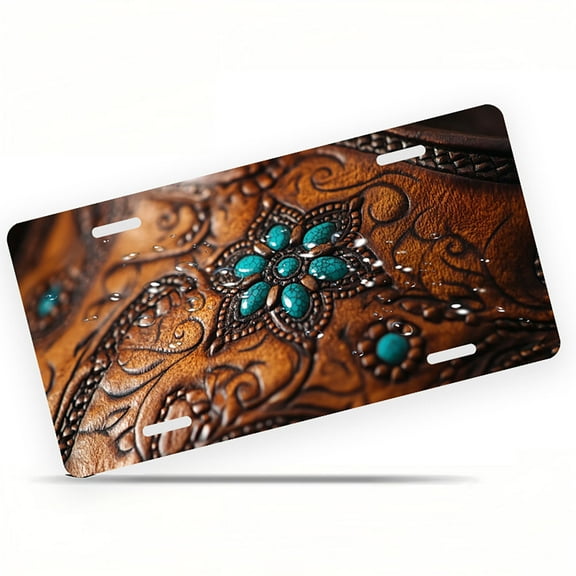 Embroidered Leather with Turquoise Front License Plate, Metal License Plate, Funny Standard Plates Personalized Novelty Decorative For Men/Women/Boys/Girls Car 6×12 Inch
