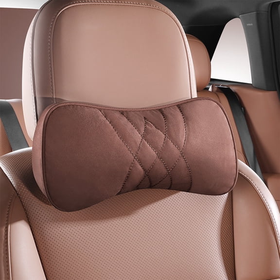 Embroidered Leather Velvet Car Headrest | Coffee Suede Interior Head Neck Support | 11.42x5.12x3.94 Inch Auto Accessory