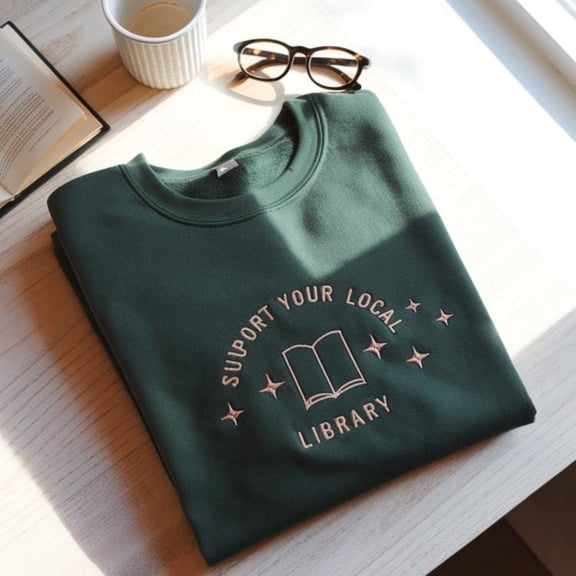 Embroidered Library Sweatshirt: Reader Gift for Book Lovers