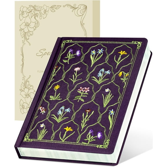 Embroidered Lined Journal Notebook for Women A5 Floral Journals for Writing Aesthetic Journaling Notebooks for Gift Diary Sketching Note Taking, Cloth Cover, Gift Box, 5.7"x8.3",Purple