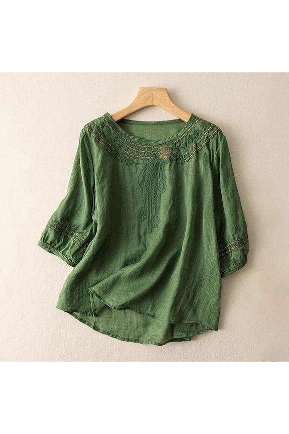 Embroidered Linen Shirts 3/4 Sleeve Boho Blouse Cotton Linen Shirts Tunic Blouse Boho Tops Teacher Loose Tunics Trendy Retro Embroidered Business Work Blouse Plus Size Tunic Green L