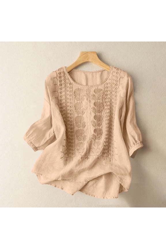 Embroidered Linen Shirts Bohemian Tops Summer Peasant Gauze Blouses Casual Vacation Top Boho Tops Floral Shirt Dressy Casual Bohemian Shirts Cotton Linen Shirts Dressy Blouses Beige L