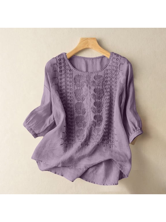 Embroidered Linen Shirts Dressy Casual Bohemian Shirts Cute Dressy Clothing Trendy Retro Embroidered Bohemian Tops Dressy Blouses Summer Peasant Gauze Blouses Plus Size Tunic Purple L