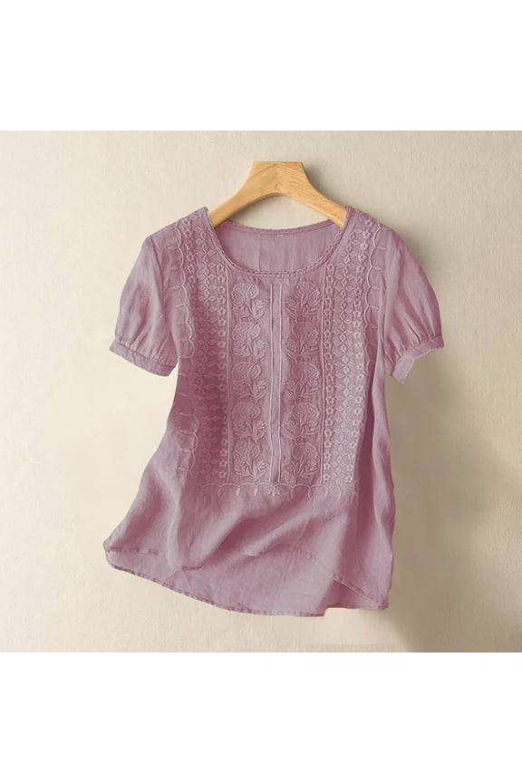 Embroidered Linen Shirts Floral Shirt Bohemian Tops Embroidered Cotton Linen Tops Dressy Blouses Plus Size Tunic Dressy Casual Bohemian Shirts Trendy Retro Embroidered Pink 2XL