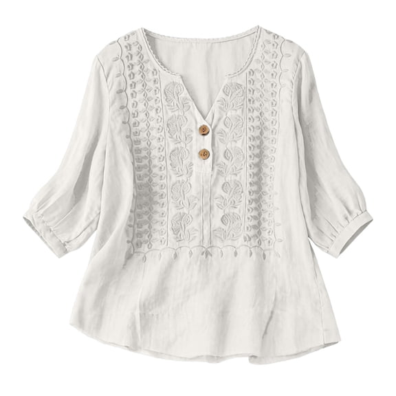 Embroidered Linen Shirts Plus Size Tunic Summer Peasant Gauze Blouses Womens Shirts 3/4 Sleeve Boho Blouse Trendy Retro Embroidered Puff Sleeve Embroidered Cotton Linen Tops White L