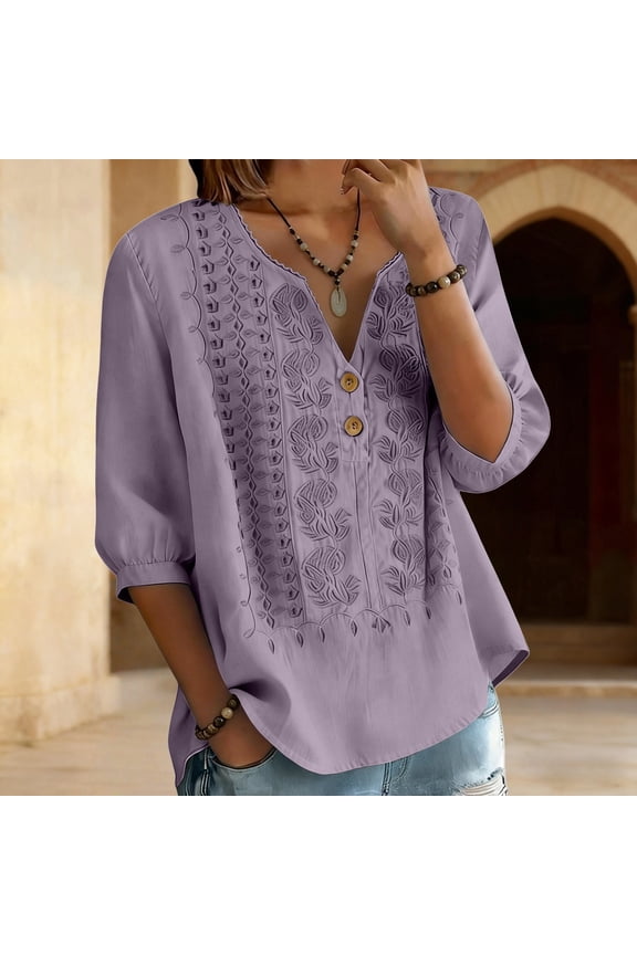 Embroidered Linen Shirts T Shirts Tunic Blouse Embroidered Cotton Linen Tops Flowy Shirts Business Work Blouse Cotton Linen Shirts Casual Outfits Trendy Retro Embroidered Purple 2XL