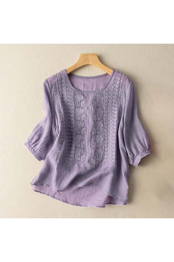 Embroidered Linen Shirts Tunic Blouse 3/4 Sleeve Boho Blouse Tunic Shirts Plus Size Tunic Teacher Loose Tunics Casual Outfits Cotton Linen Shirts Dressy Casual Bohemian Shirts Purple 3XL