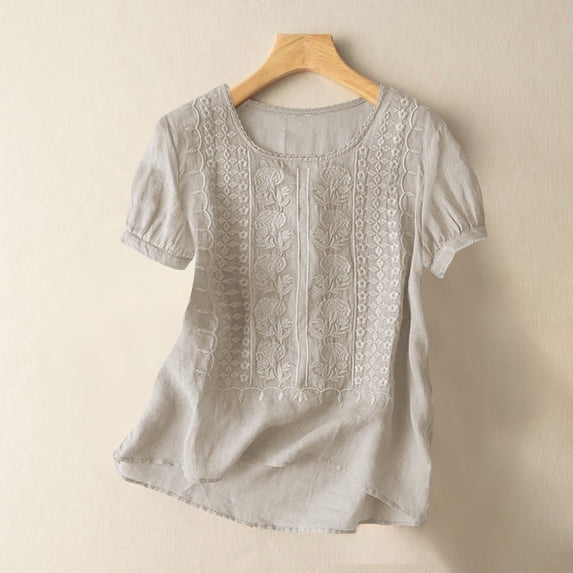 Embroidered Linen Shirts Tunic Blouse Bohemian Tops T Shirts Trendy Retro Embroidered Teacher Loose Tunics Lace Solid Blouses Boho Tops Embroidered Cotton Linen Tops Beige 3XL