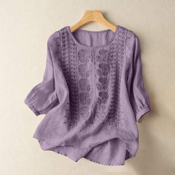 Embroidered Linen Shirts Tunic Blouse Business Work Blouse Bohemian Tops Embroidered Cotton Linen Tops Dressy Blouses Trendy Retro Embroidered Boho Tops Plus Size Tunic Purple 3XL