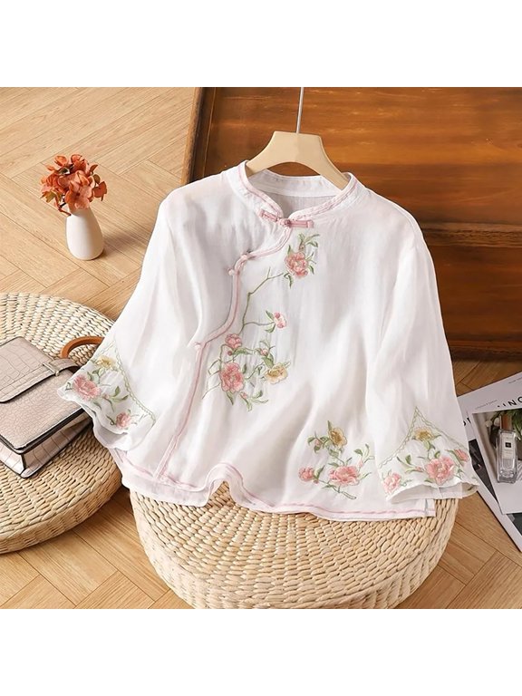 Embroidered Linen Shirts For Women Cotton Boho Tops Womens Gauze Tops Linen Clothing For Women Gauze Shirts For Women Gauze Tunic Tops For Women Beach Vacation Tshirts Summer Linen Tops White2 XL