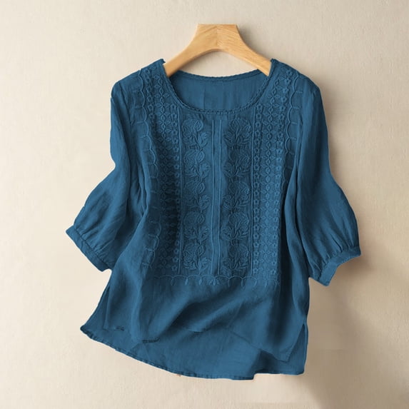 Embroidered Linen Shirts For Women Womens Gauze Tops Linen T Shirts For Women Beach Vacation Tshirts Womens Summer Tops 100% Linen Clothing For Women Summer Linen Tops Womens Linen Tops Navy L