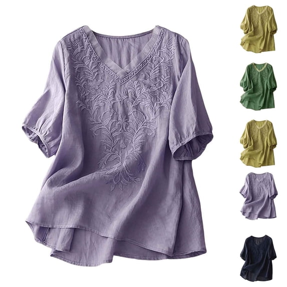 Embroidered Linen Shirts for Women Cotton Gauze Shirt Summer Boho Retro 3/4 Sleeve Dressy Casual Peasant Blouses Green M