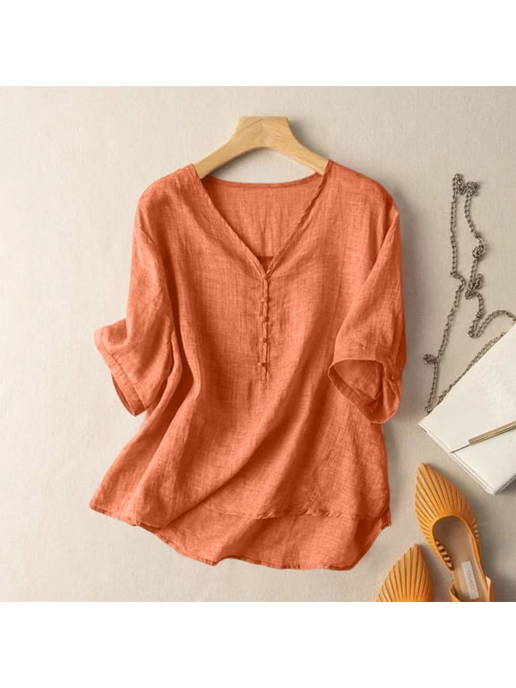 Embroidered Linen Shirts for Women Cotton Gauze Shirt Summer Boho Retro 3/4 Sleeve Dressy Casual Peasant Blouses Orange M