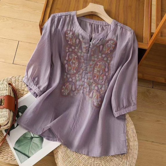 Embroidered Linen Shirts for Women Elegant V Neck 3/4 Sleeve Boho Tops Casual Peasant Blouses Loose Summer Gauze Shirt Purple XL