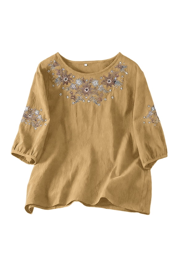 Embroidered Linen Shirts for Women Flowy Boho 3/4 Sleeve Crewneck Casual Gauze Tops Summer Vintage Peasant Blouses
