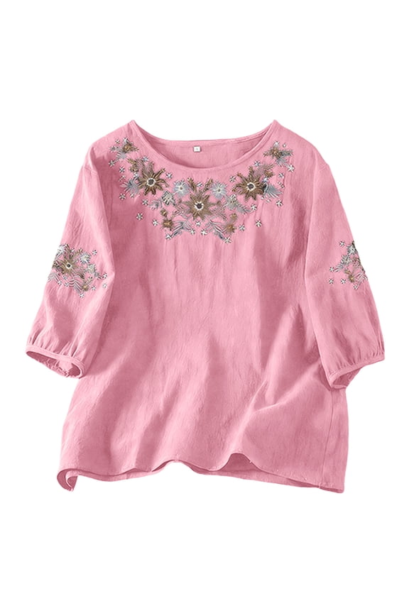 Embroidered Linen Shirts for Women Flowy Boho 3/4 Sleeve Crewneck Casual Gauze Tops Summer Vintage Peasant Blouses