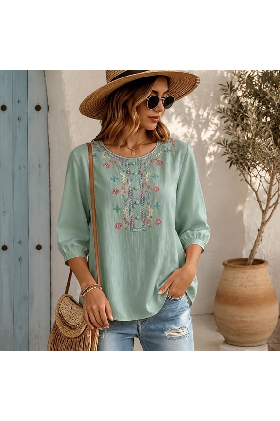 Embroidered Linen Tops Floral Embroidered Top Gauze Tops Cotton Blouses Mexican Style Tops Cotton Linen Tops Linen Shirt for Women Cotton Embroidered Tops Flowy Embroidered Tops Green L